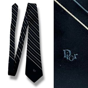 Vintage Christian Dior Neck Tie Navy Striped Embroidered Logo Preppy Classic